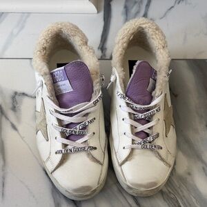 Golden Goose Superstar Shearling Sneakers in White & Lavender